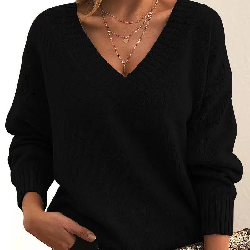 Women Fashion Casual Loose V-Neck Long Sleeve Knitted Sweater